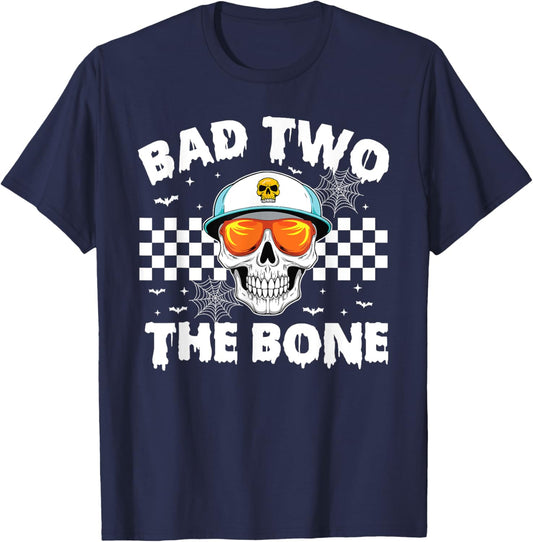 Bad To The Bone Skeleton Halloween TWO Birthday Toddler Kids T-Shirt - T-Shirt | Navy
