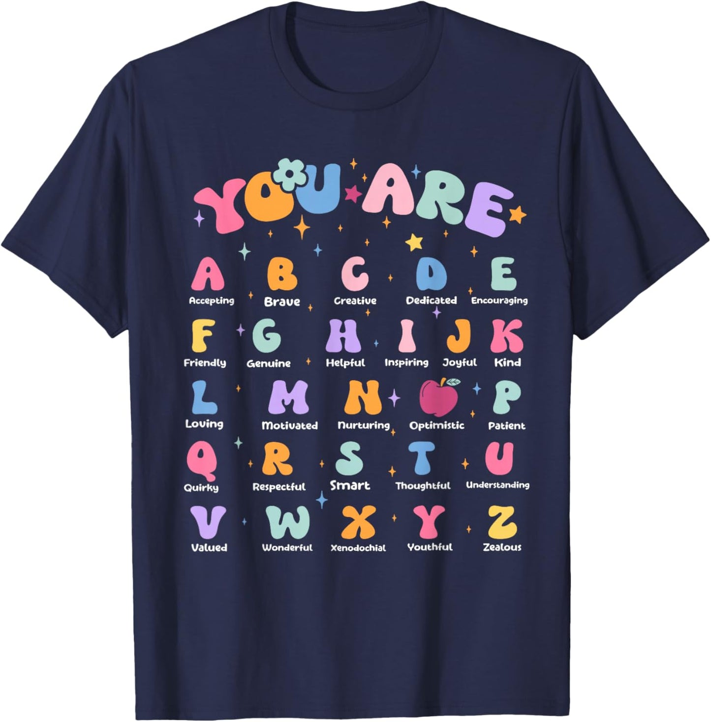 Funny Teacher Affirmation Alphabet Positivity Back to School T-Shirt - T-Shirt | Navy