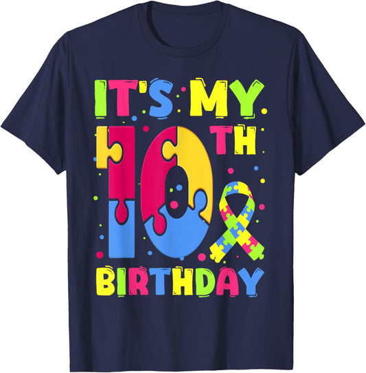 It's My 10th Birthday Autism Awareness 10 Years Old T-Shirt - T-Shirt | Navy
