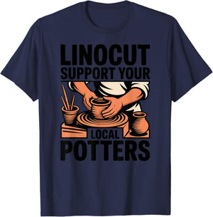 Linocut Support Your Local Potters Pottery Wheel T-Shirt - T-Shirt | Navy