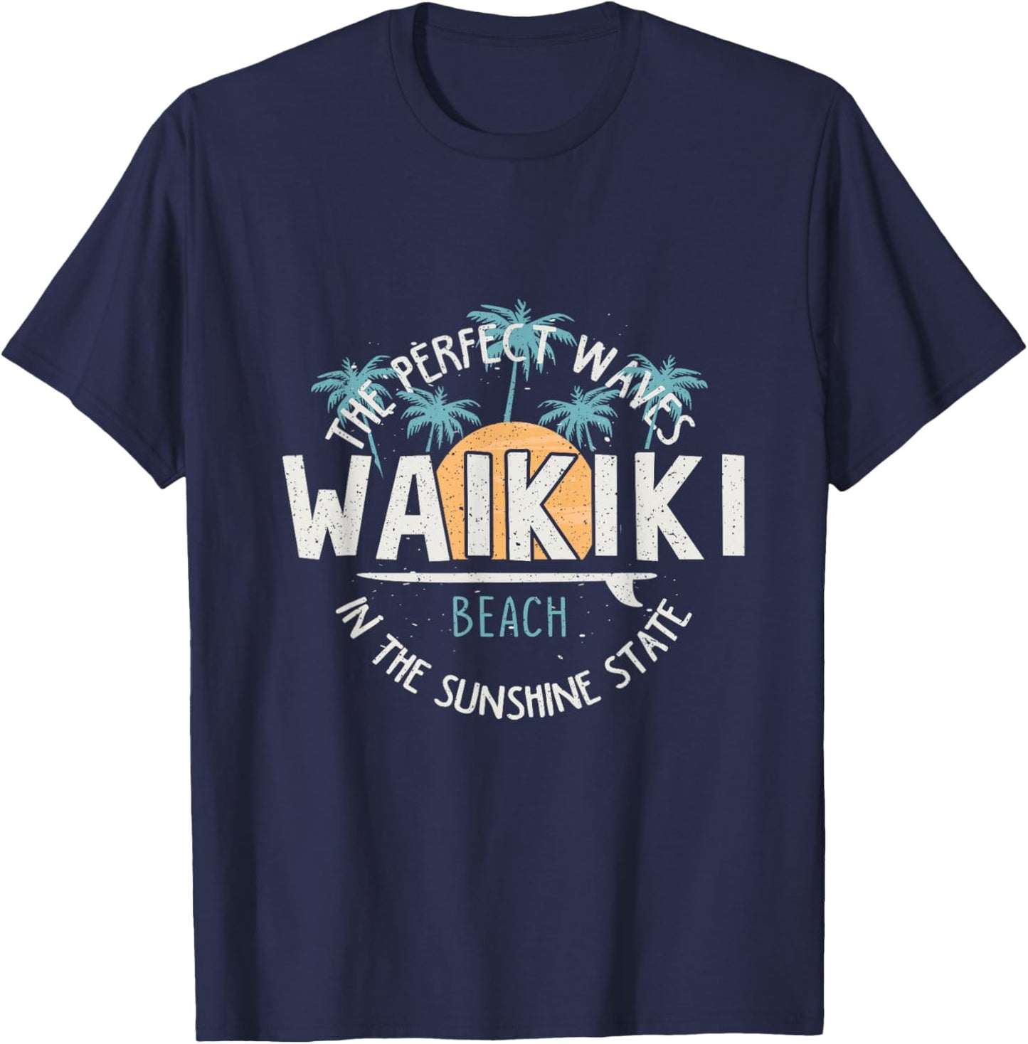 Vintage Sunset Palm Tree Waikiki Hawaii Surfing Vacation T-Shirt - T-Shirt | Navy