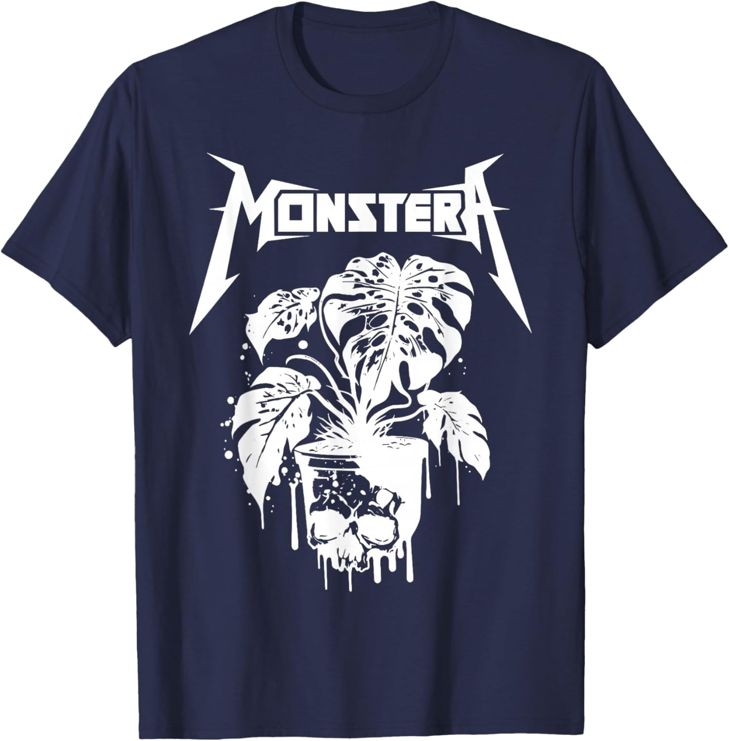 Monstera Funny Skull Plant Lover Grunge Gardener Metal Skull T-Shirt - T-Shirt | Navy