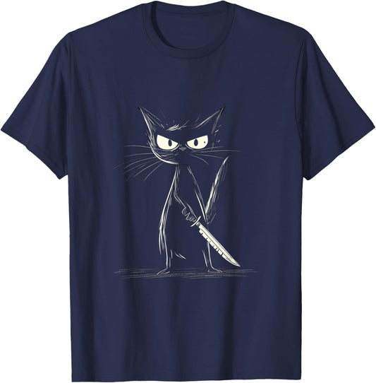 Funny Black Cat Murderous Cat With Knife Cats Fans Halloween T-Shirt - T-Shirt | Navy