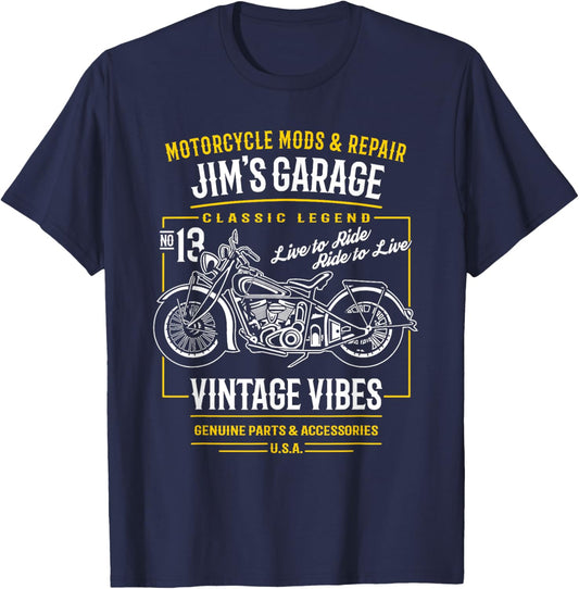 Jim's Garage Vintage Motorcycle Design for the Name Jim T-Shirt - T-Shirt | Navy