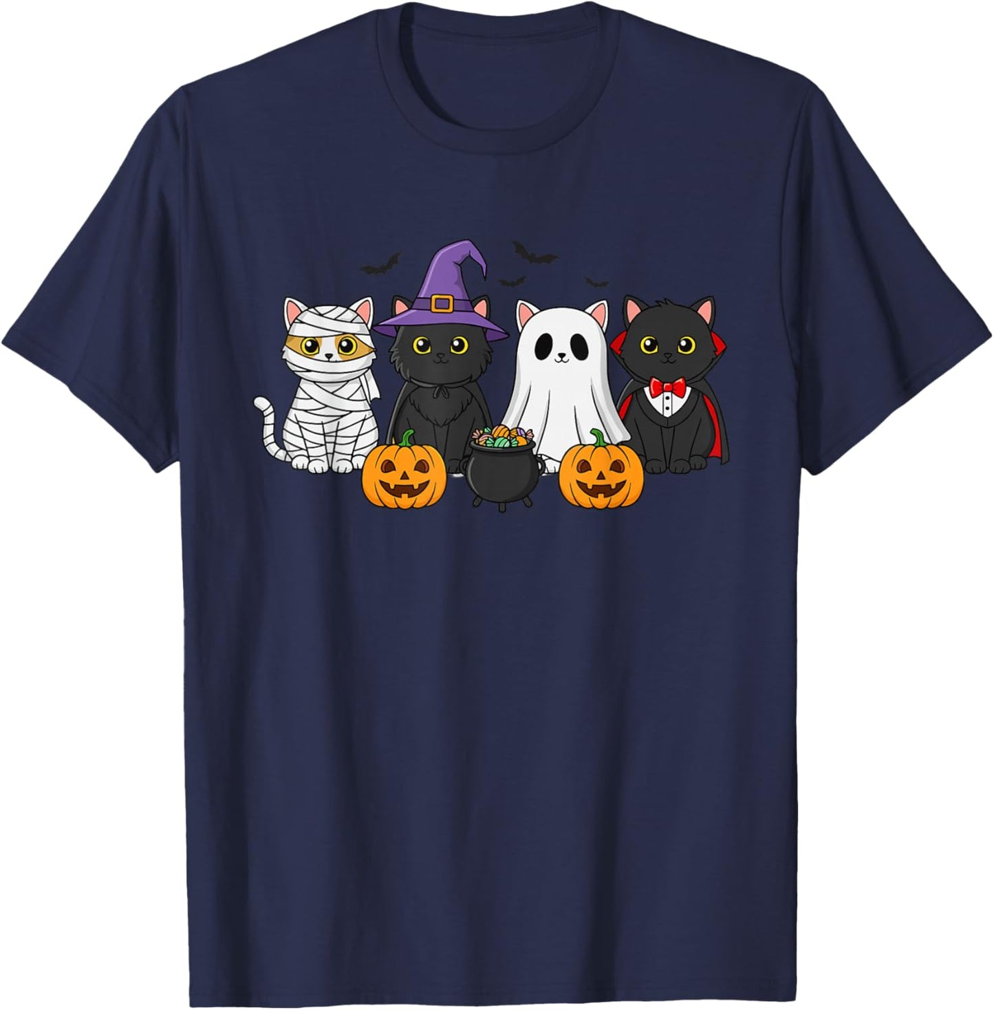 Mummy Witch Ghost Vampire Costume Group of Cats Halloween T-Shirt - T-Shirt | Navy