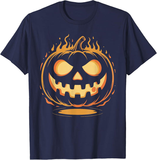 Flaming Jack O Lantern Pumpkin Face Halloween T-Shirt - T-Shirt | Navy