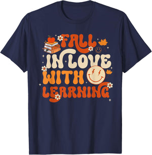 Fall in Love with Learning Autum Thanksgiving Teacher Kids T-Shirt - T-Shirt | Navy