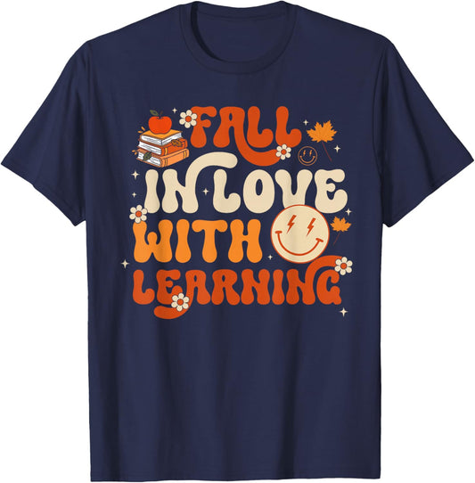 Fall in Love with Learning Autum Thanksgiving Teacher Kids T-Shirt - T-Shirt | Navy
