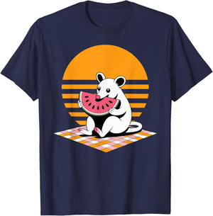 Funny Possum Eating Watermelon Retro Sunset Picnic T-Shirt - T-Shirt | Navy
