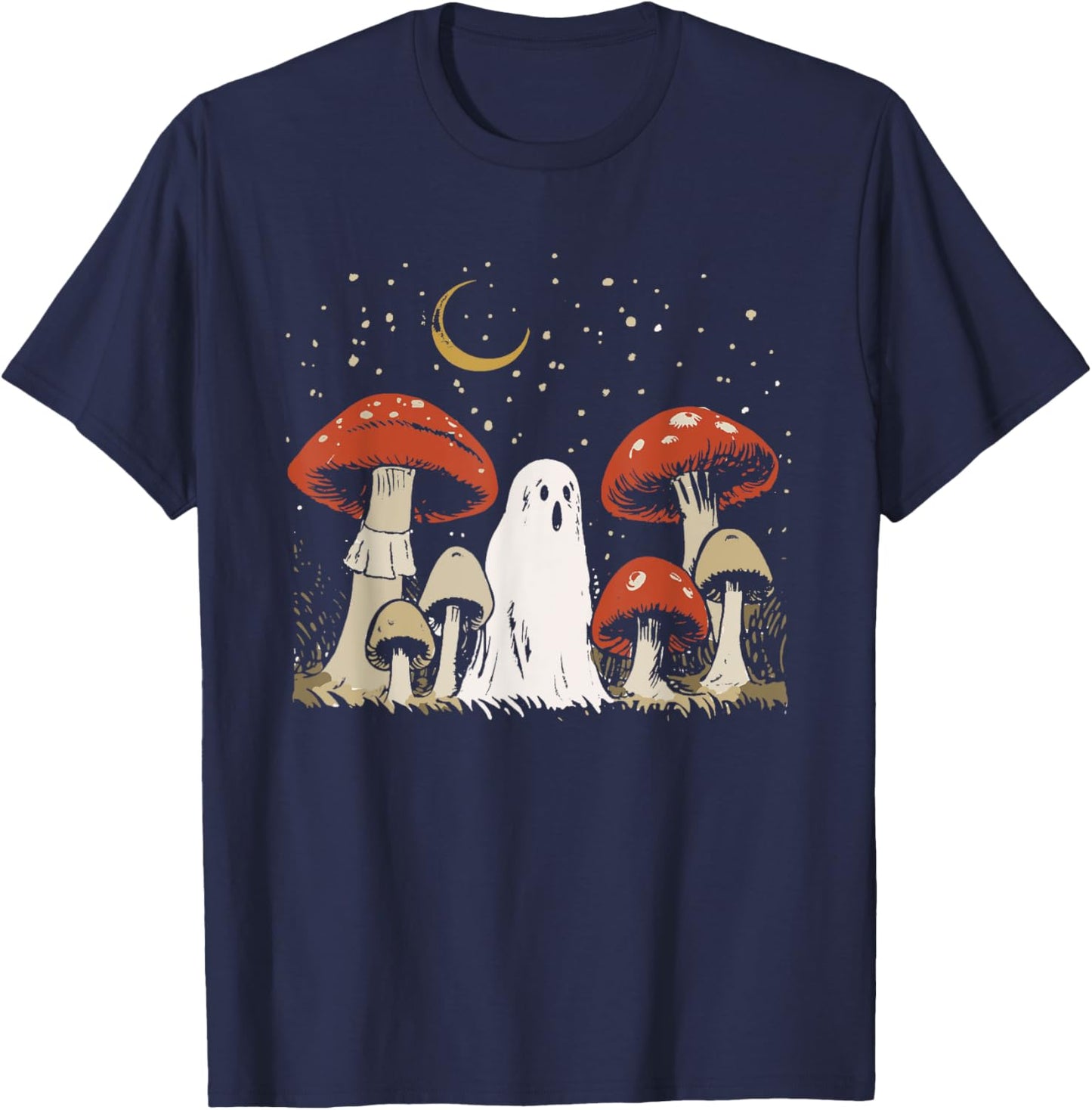 Halloween Mushroom Ghost Vintage Grunge 90 Aesthetic Graphic T-Shirt - T-Shirt | Navy