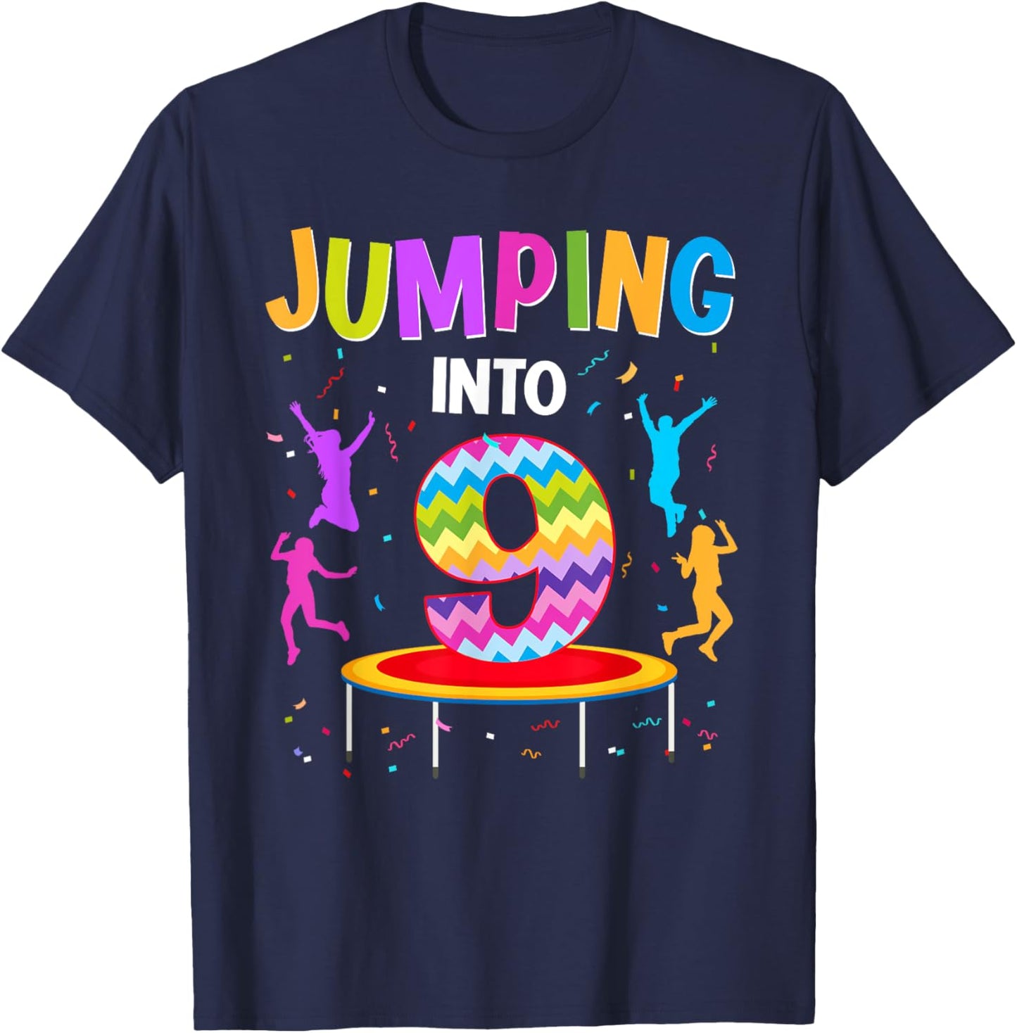 Jumping Into 9th Birthday Trampoline 9 Year Old Jumper T-Shirt - T-Shirt | Navy
