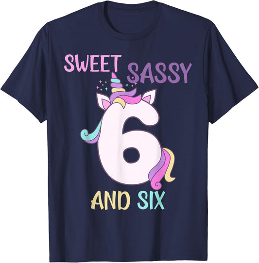 Funny 6th Birthday Sweet Sassy Six Years Old Unicorn T-Shirt - T-Shirt | Navy