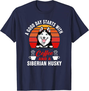 A Good Day Starts with Coffee and A Siberian Husky Dog Haut de Gamme T-Shirt - T-Shirt | Navy