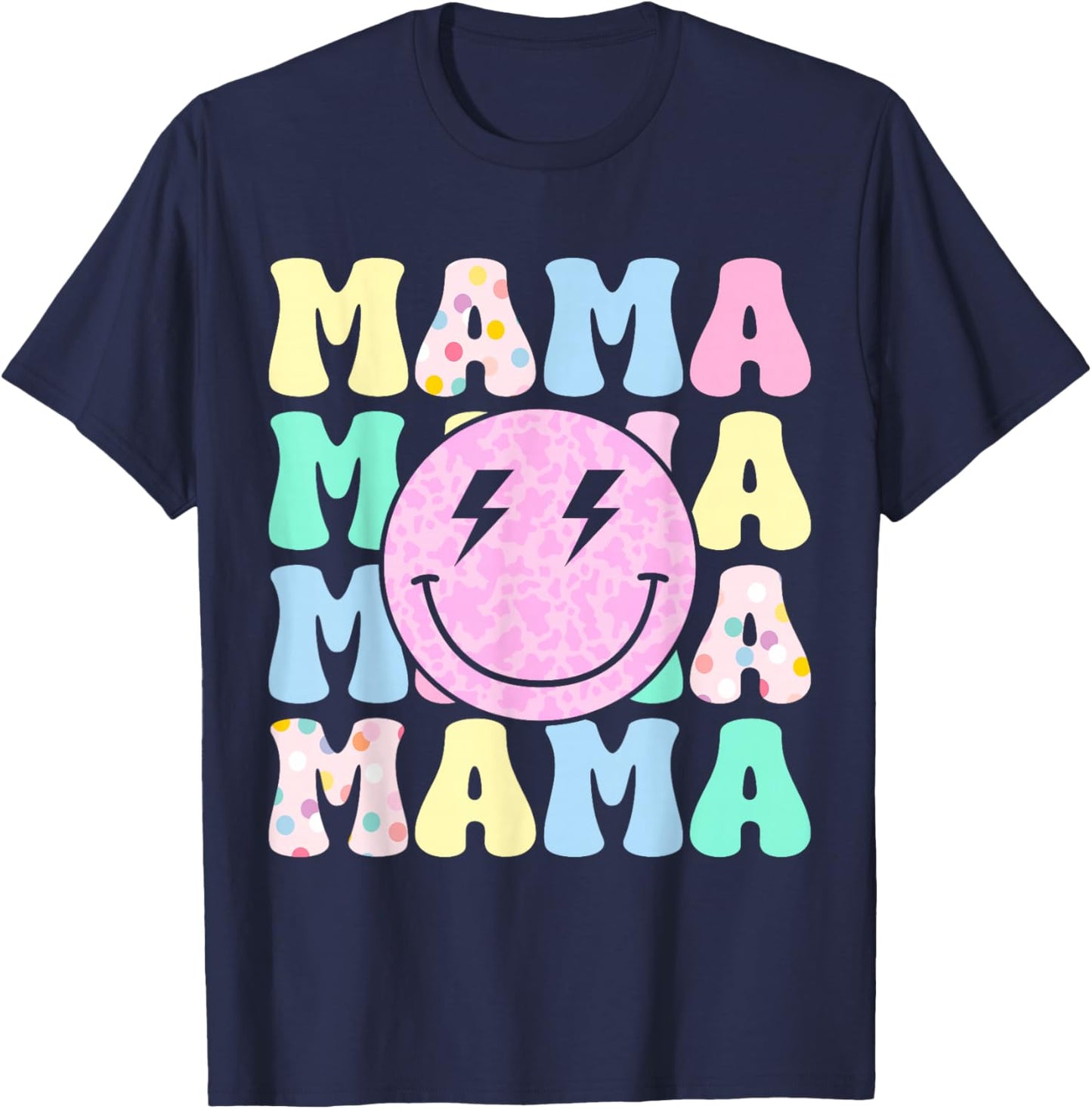 Retro Groovy Mama Leopard Happy Face Aesthetic Y2K Mother T-Shirt - T-Shirt | Navy