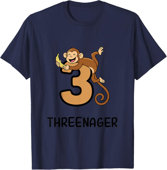 Kids Threenager Monkey Toddler 3rd Birthday 3 Year Old Kids T-Shirt - T-Shirt | Navy
