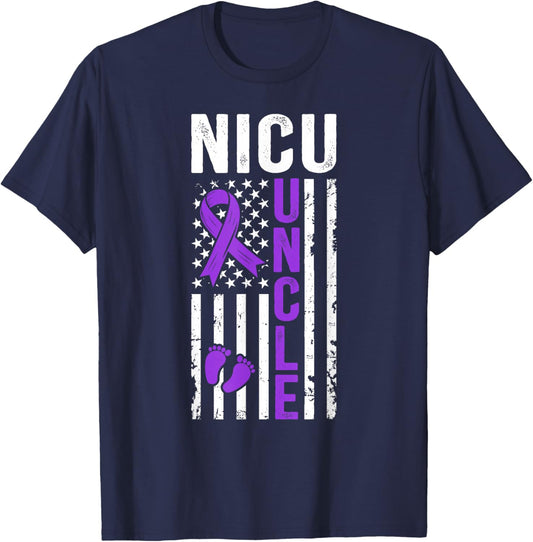 NICU Uncle Micro Preemie Baby Uncle of NICU Warrior US Flag T-Shirt - T-Shirt | Navy