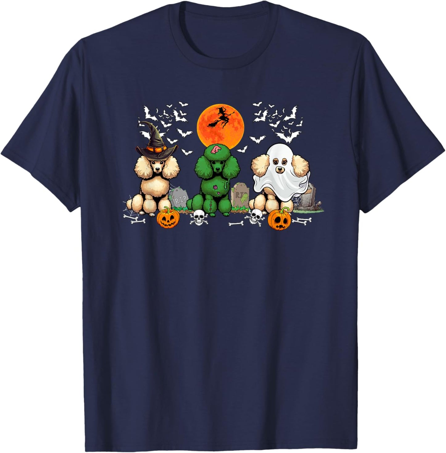 Three Halloween Poodles Cosplay Witch Zombie Boo Lover T-Shirt - T-Shirt | Navy