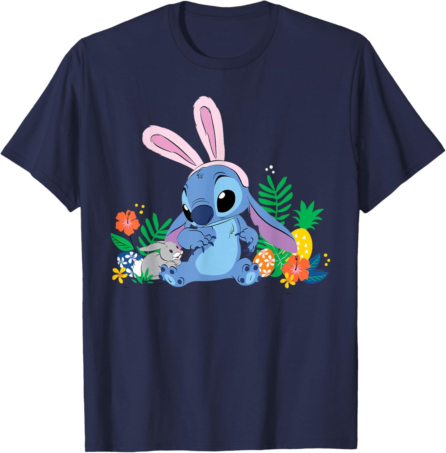Disney Stitch Easter Bunny Ears & Eggs Tropical Spring Pals T-Shirt - T-Shirt | Navy