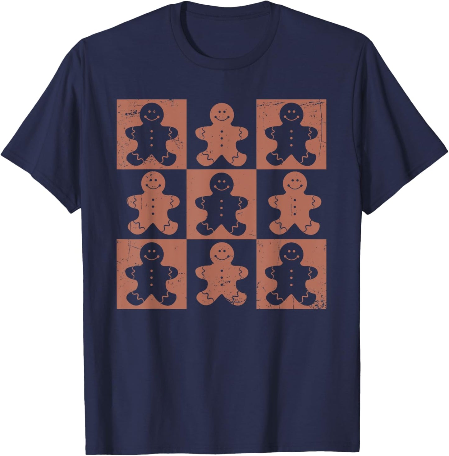 Vintage Christmas Gifts Women Men Gingerbread Retro Checkered Gingerbread Man Distressed Christmas Pajamas T-Shirt - T-Shirt | Navy