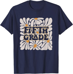 Retro Flower Power Squared Fifth 5th Grade Back To School T-Shirt - T-Shirt | Navy