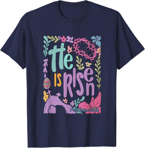 Retro Boho Floral He Is Risen Matthew 28:6 Easter Bible T-Shirt - T-Shirt | Navy