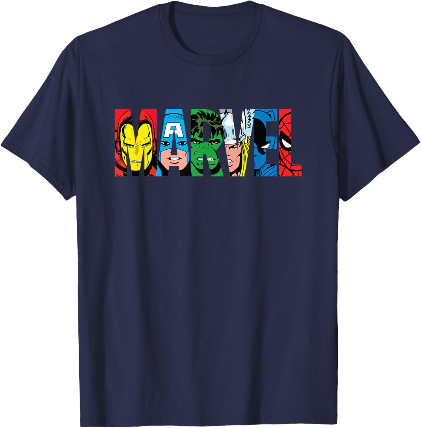 Marvel Logo Classic Avengers & Spider-Man Retro Comic Art T-Shirt - T-Shirt | Navy