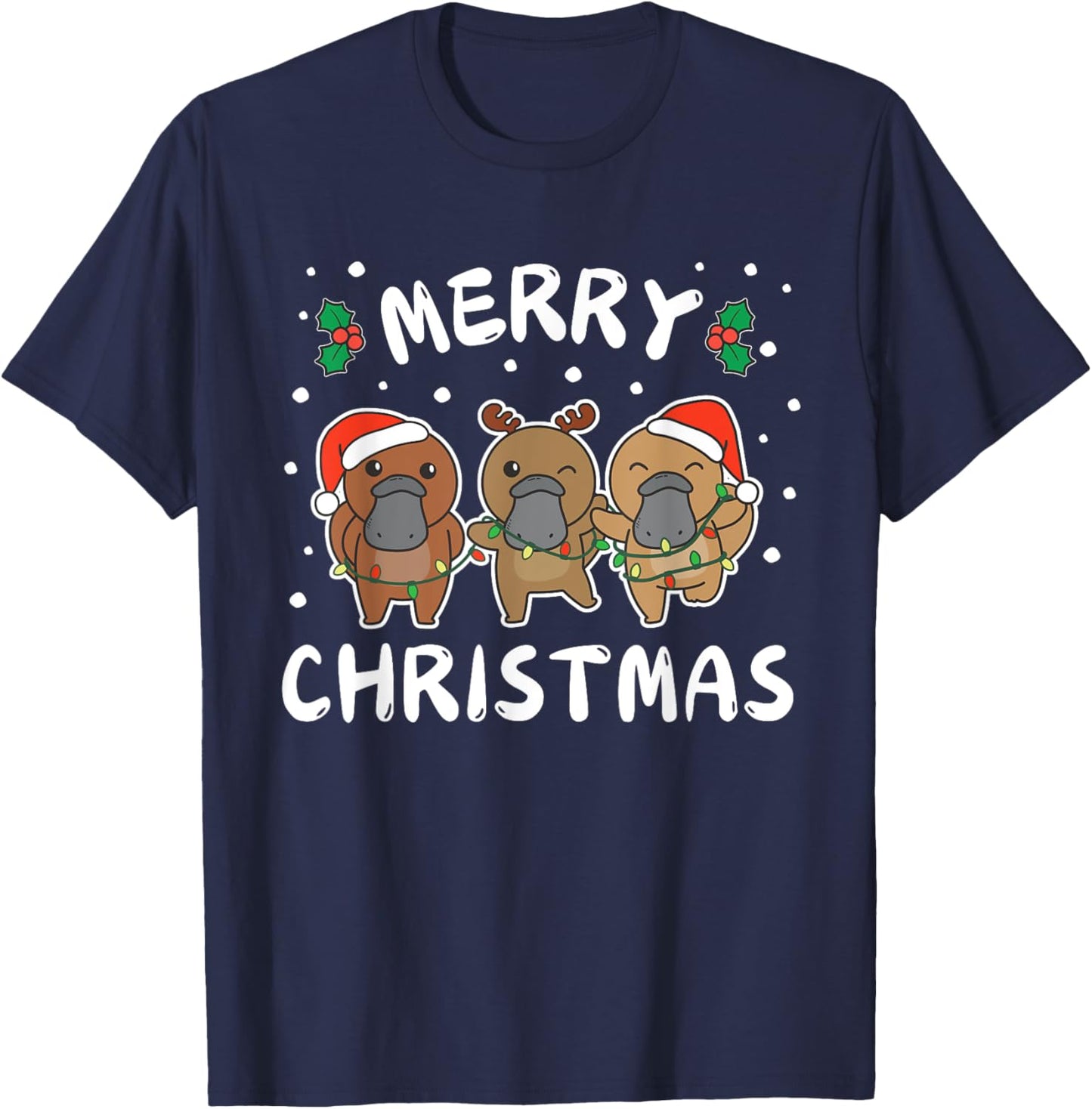 Merry Christmas Cute Platypus Festive Lights Platypus T-Shirt - T-Shirt | Navy