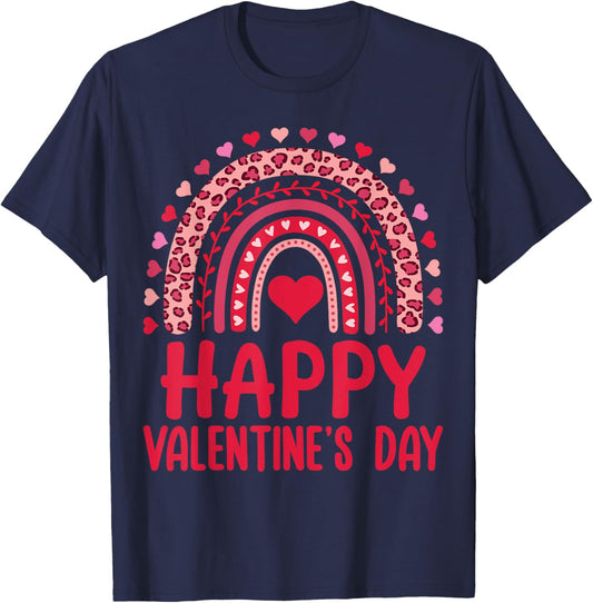 Happy Valentines Day Red Hearts Rainbow Leopard Women Girls T-Shirt - T-Shirt | Navy