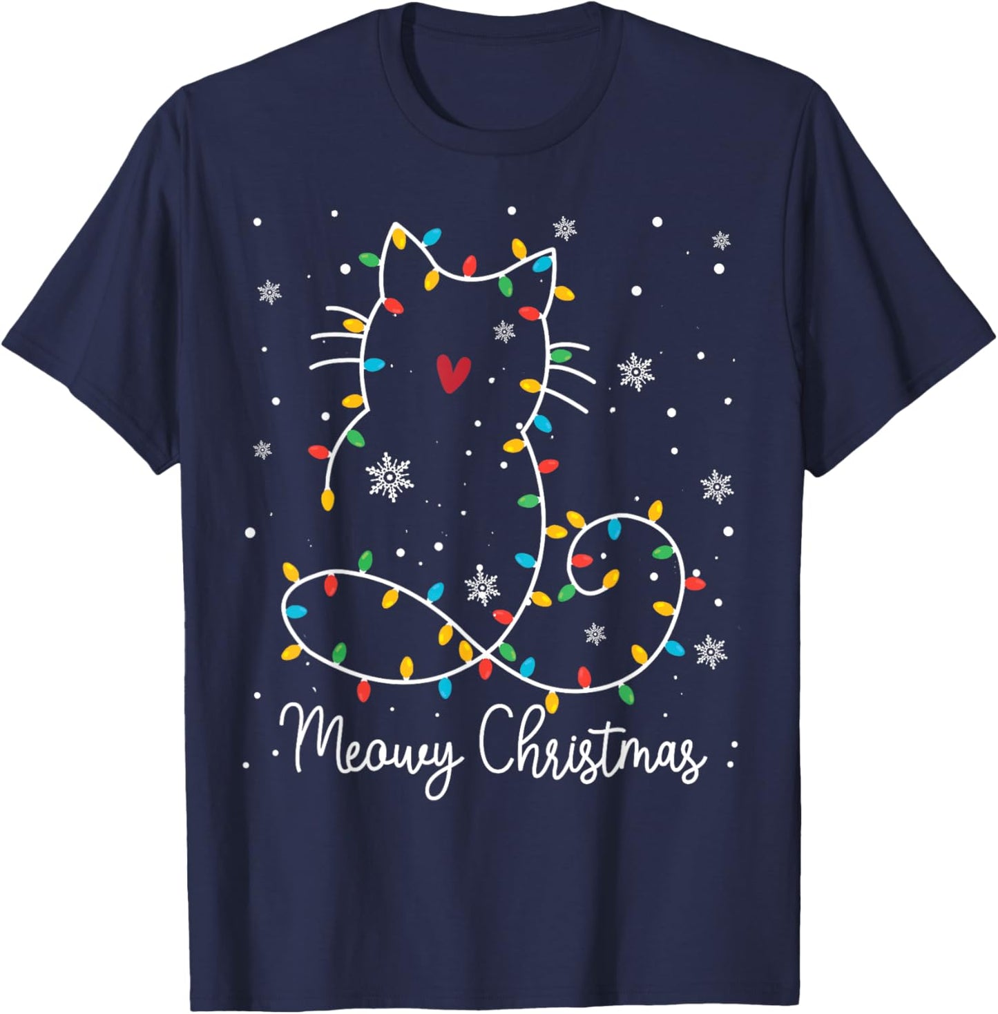 Cute Cat Meowy Christmas Light Cat Lover Mom Dad Merry Xmas Men Women Kids T-Shirt - T-Shirt | Navy