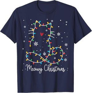 Cute Cat Meowy Christmas Light Cat Lover Mom Dad Merry Xmas Men Women Kids T-Shirt - T-Shirt | Navy