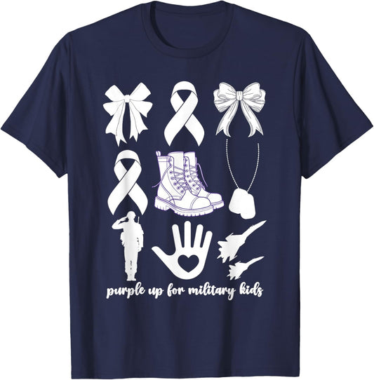 Purple Up For Military Kids Kid Month Of Military Child Bow T-Shirt - T-Shirt | Navy