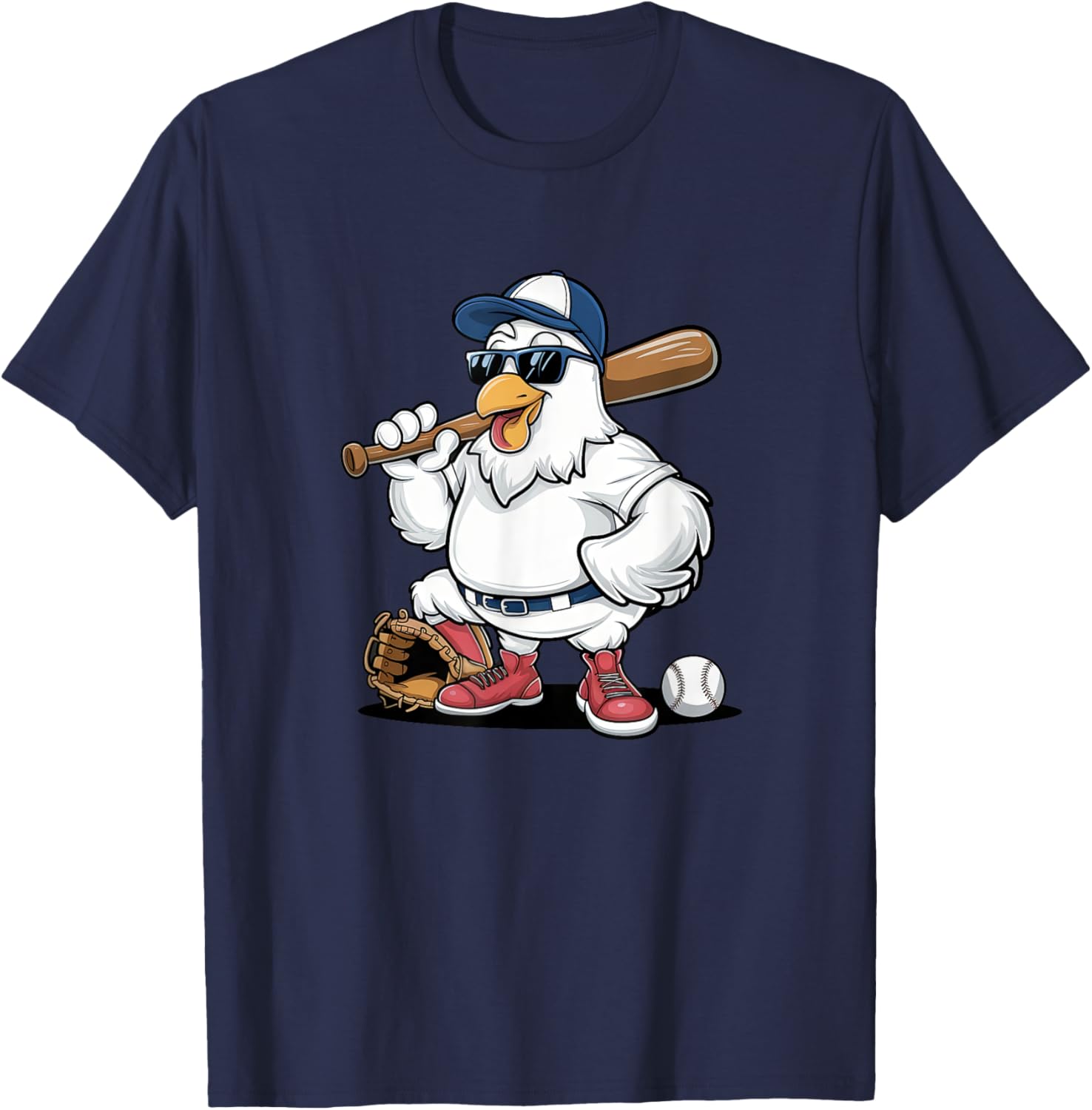 Baseball Playing Chicken Funny Sports Design T-Shirt - T-Shirt | Navy