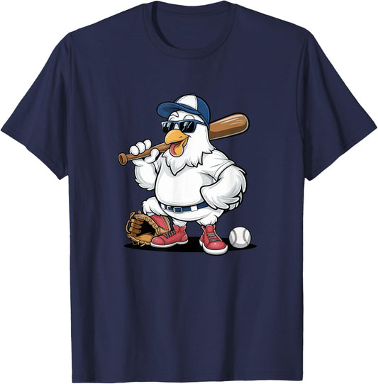 Baseball Playing Chicken Funny Sports Design T-Shirt - T-Shirt | Navy