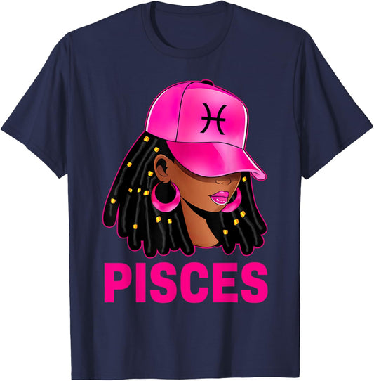 Pisces Queen Loc'd Hair Black Woman Cap Zodiac Sign T-Shirt - T-Shirt | Navy