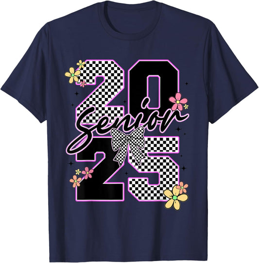 Senior 2025 Graduation Coquette Bow Graduate Women Girl Kid T-Shirt - T-Shirt | Navy