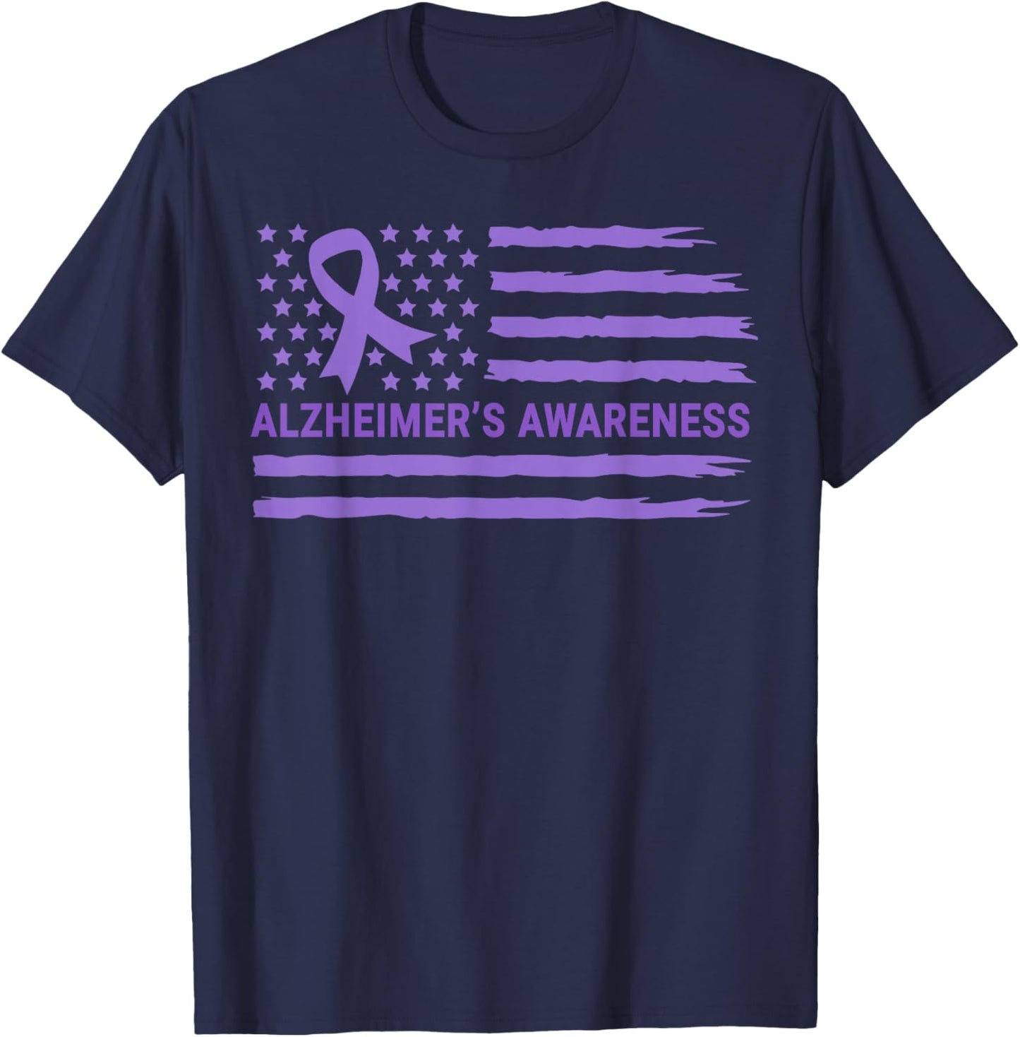 Alzheimer's Awareness Purple Ribbon American Flag Dementia T-Shirt - T-Shirt | Navy