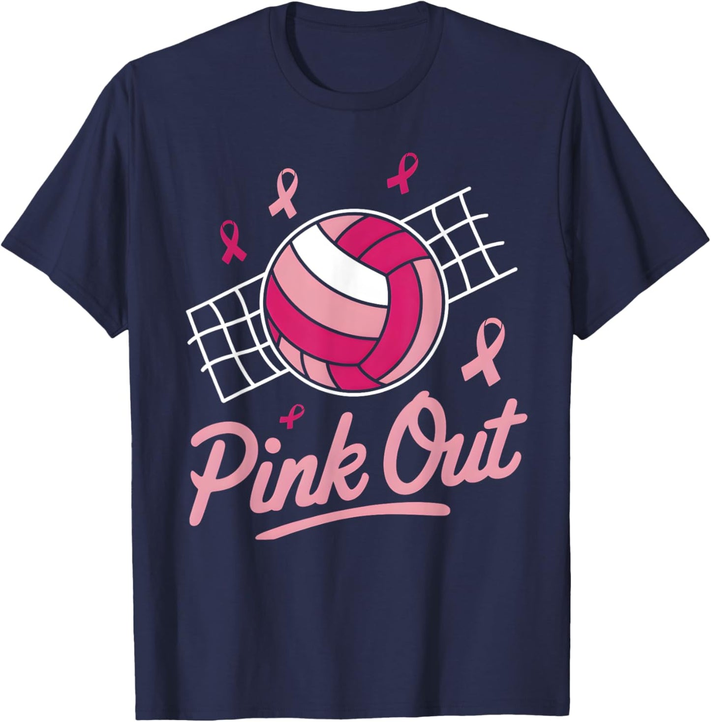 Volleyball Pink Out Breast Cancer Awareness Pink Ribbon T-Shirt - T-Shirt | Navy