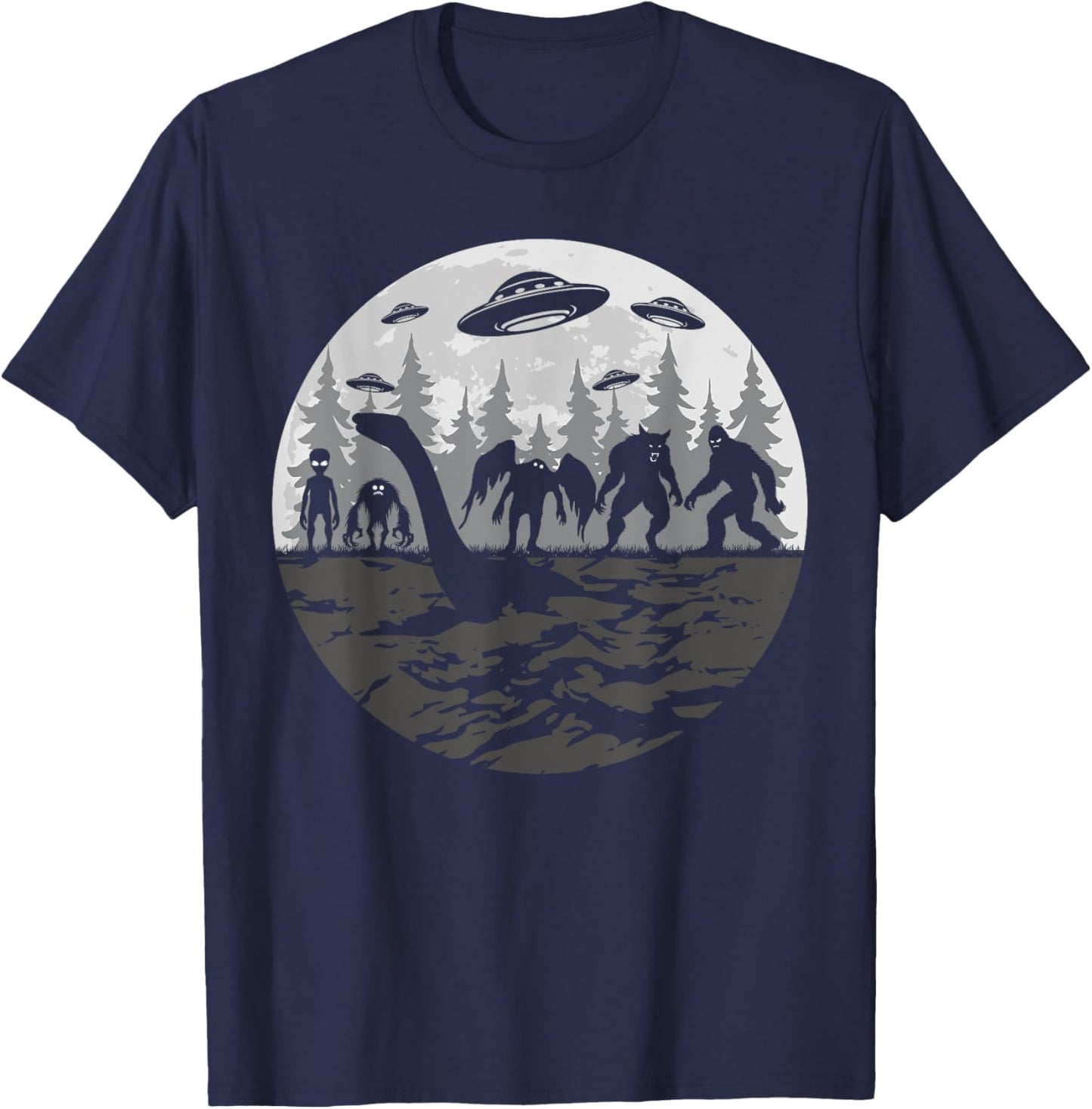 Bigfoot Loch Ness Monster With Mothman Aliens! Funny Cryptid T-Shirt - T-Shirt | Navy
