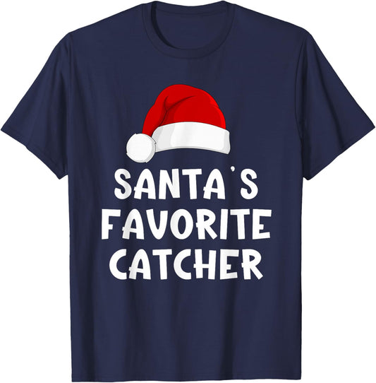 Christmas Santa's Favorite Catcher Funny Pajama Baseball T-Shirt - T-Shirt | Navy