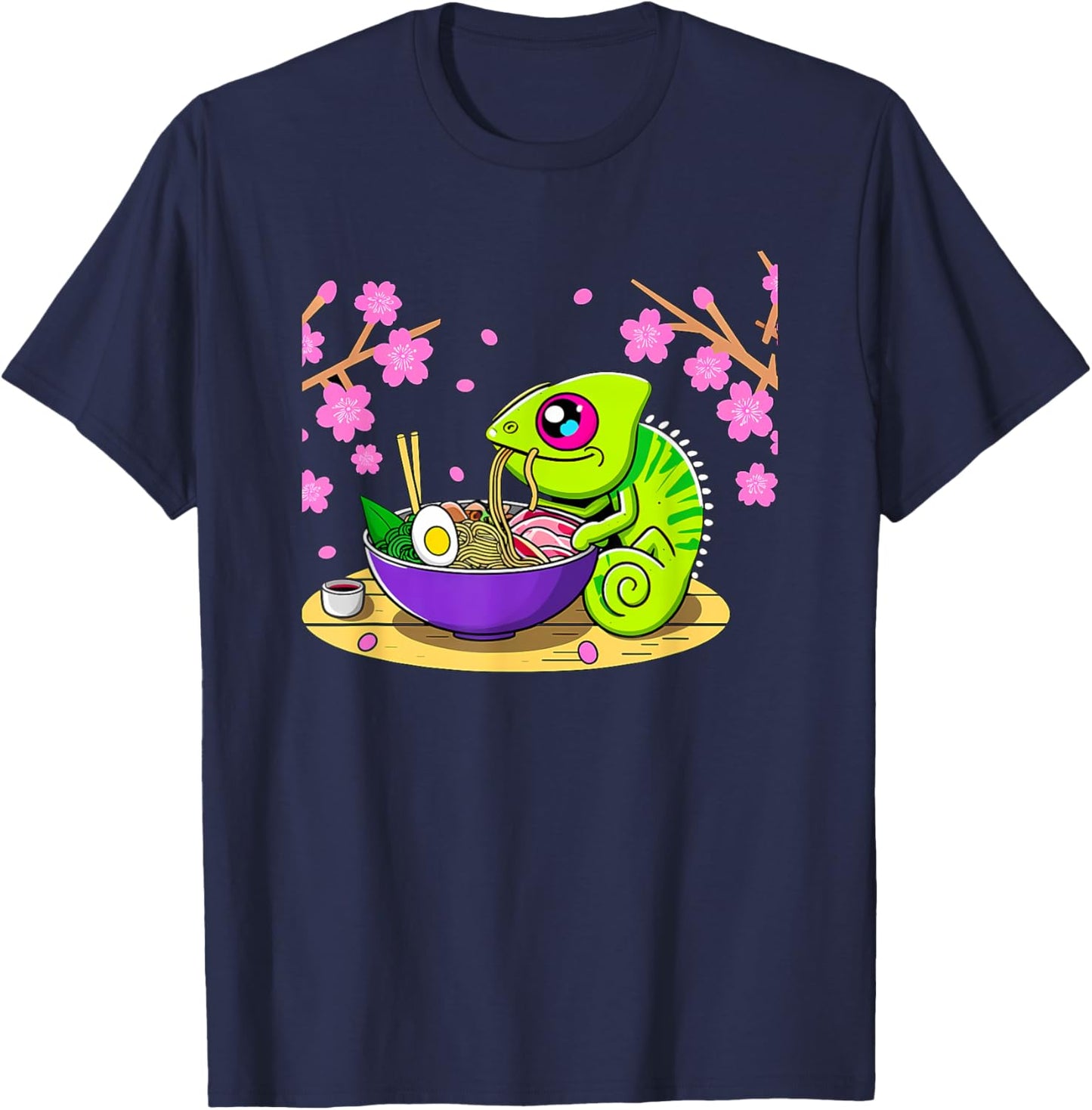 Kawaii Chameleon Eating Ramen T-Shirt - T-Shirt | Navy