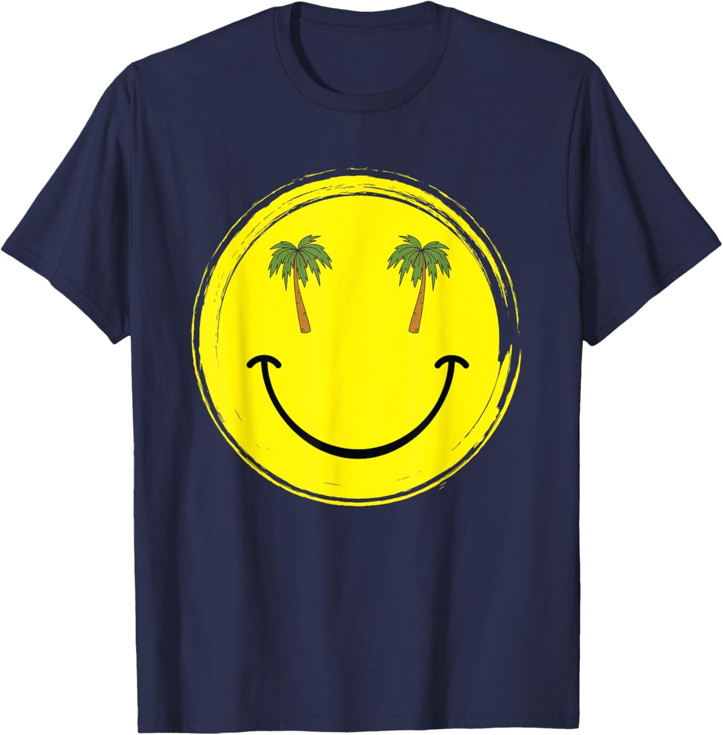 Happy smile face with coconut palm trees for beach lovers T-Shirt - T-Shirt | Navy