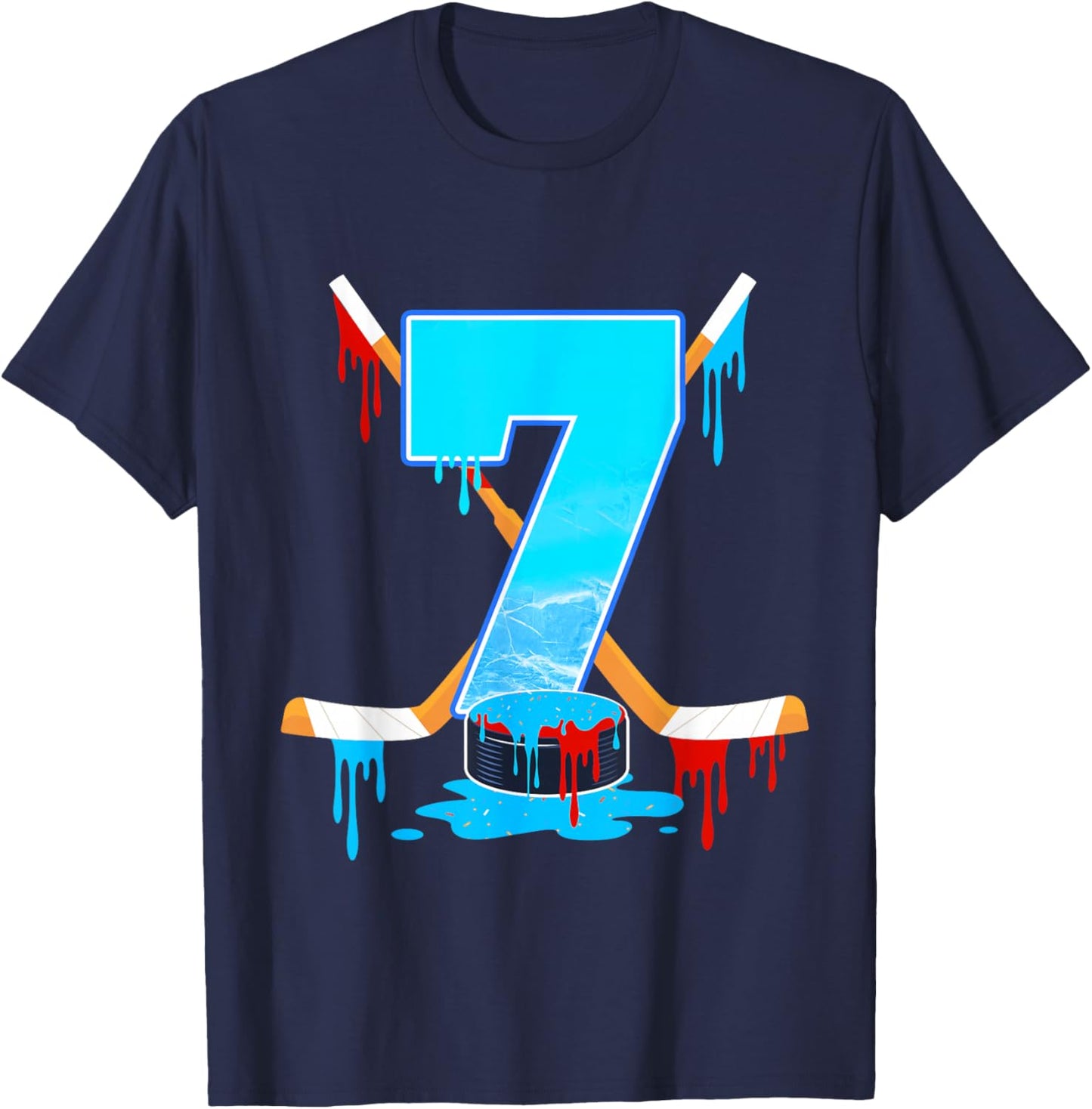 7 Year Old Boys 7th Birthday Ice Hockey Ice Cream Drip T-Shirt - T-Shirt | Navy