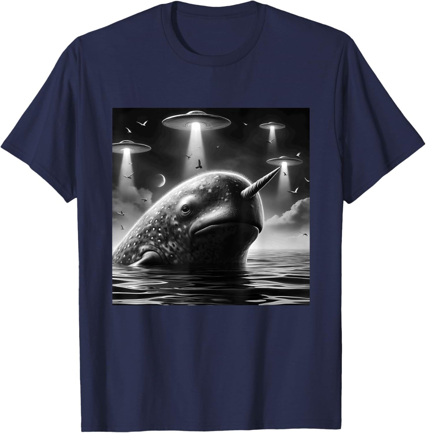 Narwhal Funny Graphic Selfie with UFOs Weird Aliens T-Shirt - T-Shirt | Navy