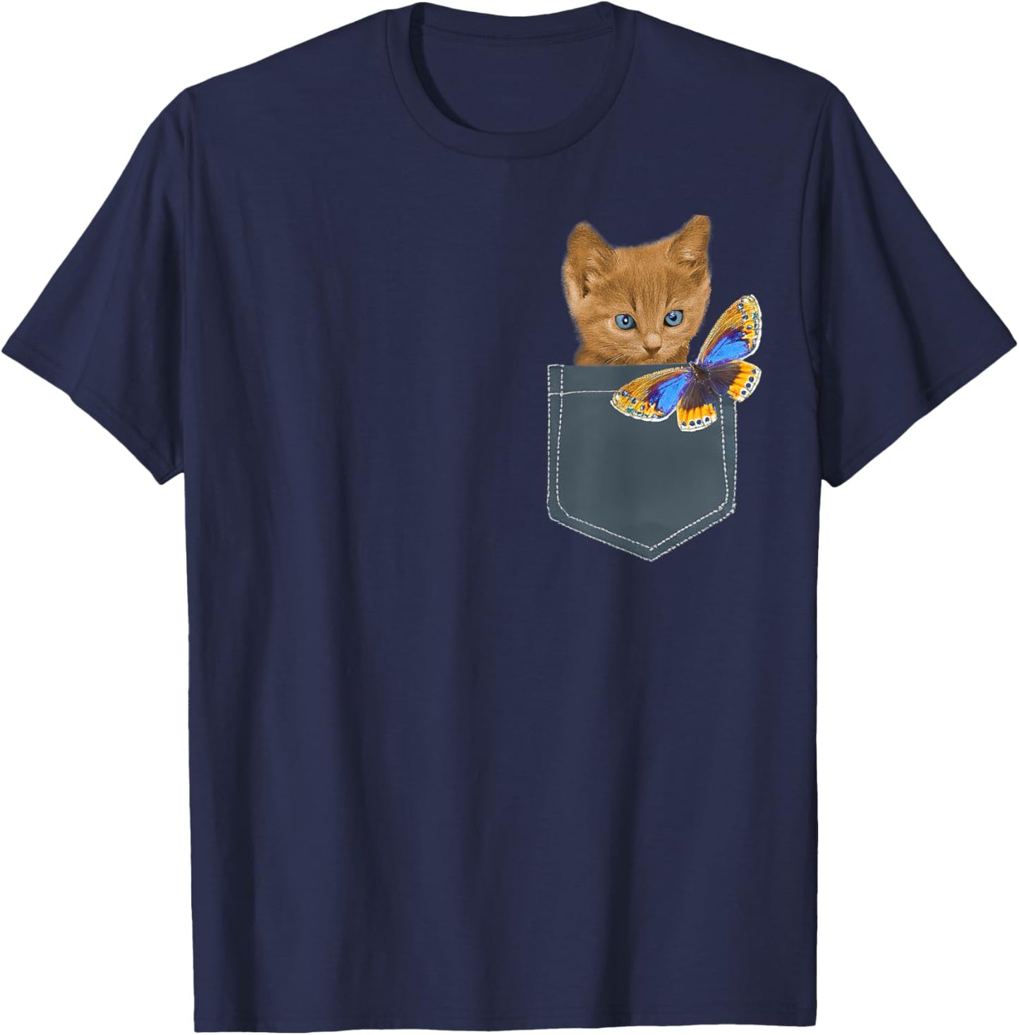 Funny Cat Shirt - Cat in Pocket Looking at a Butterfly Women Girls Kids T-Shirt - T-Shirt | Navy