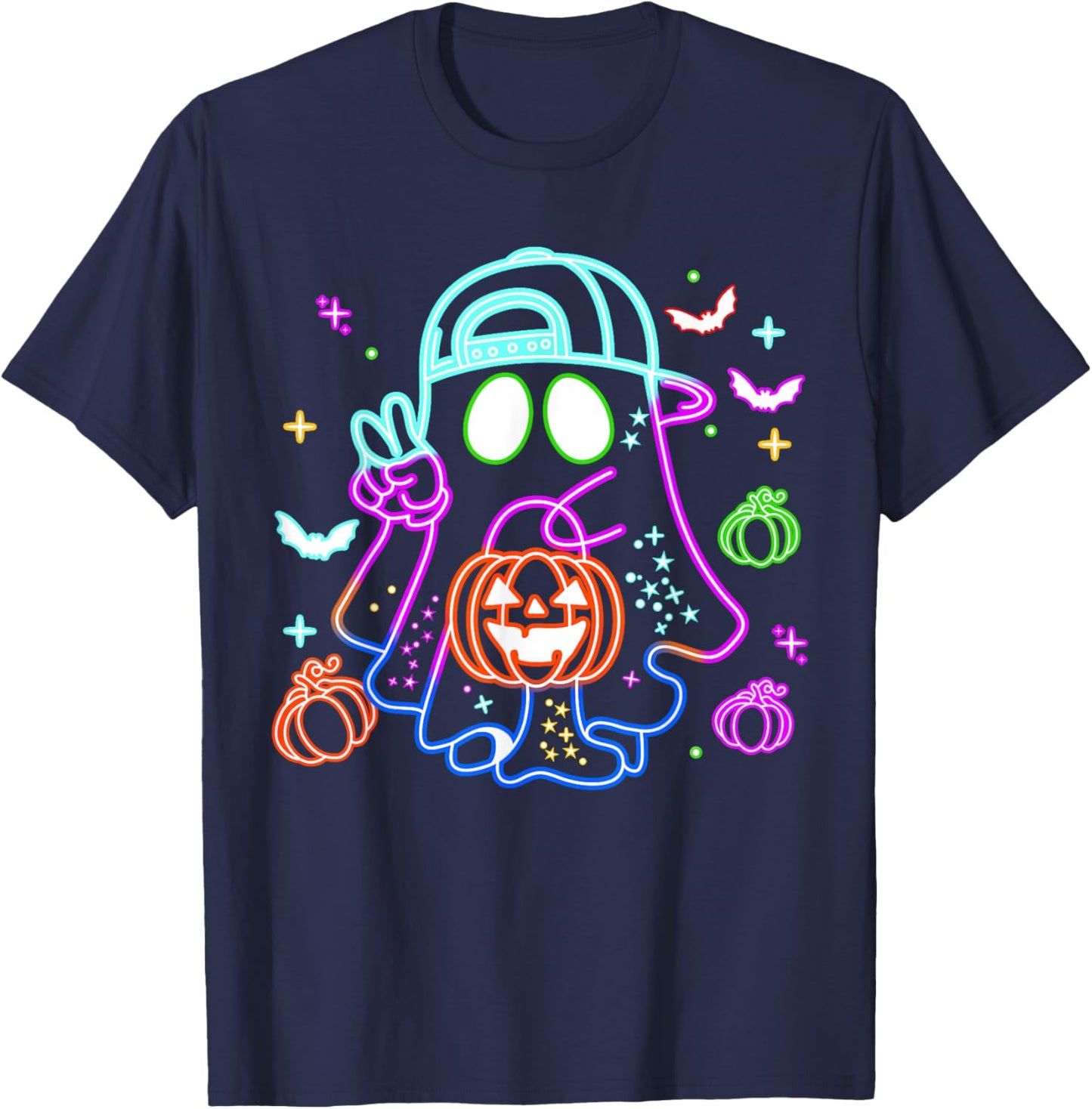 Boo Ghost Spooky Season Boys Kids Glow In Halloween Night T-Shirt - T-Shirt | Navy