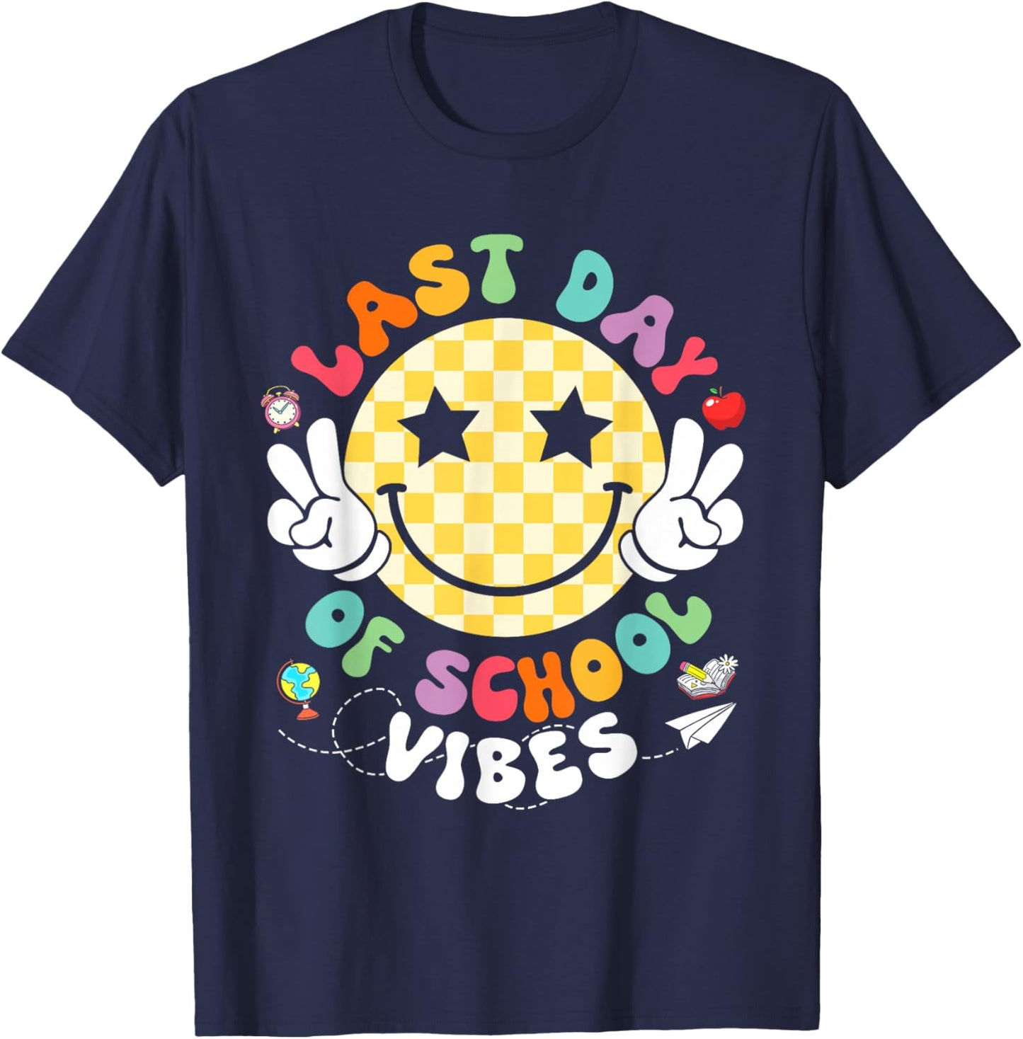 Groovy Last Day of School Vibes Smile Face Graduation Kids T-Shirt - T-Shirt | Navy