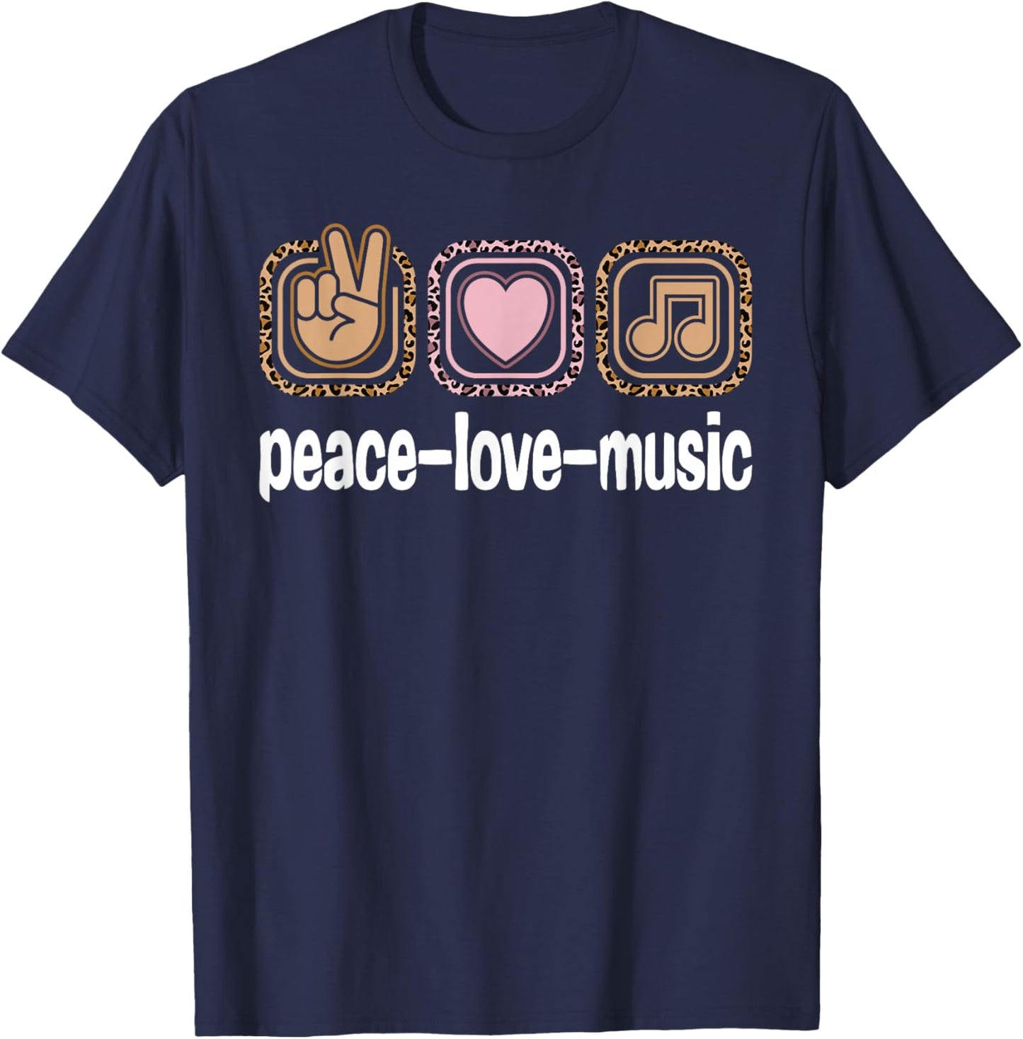 Music Lovers Leopard Print Women Girls Kids Peace Love Music T-Shirt - T-Shirt | Navy