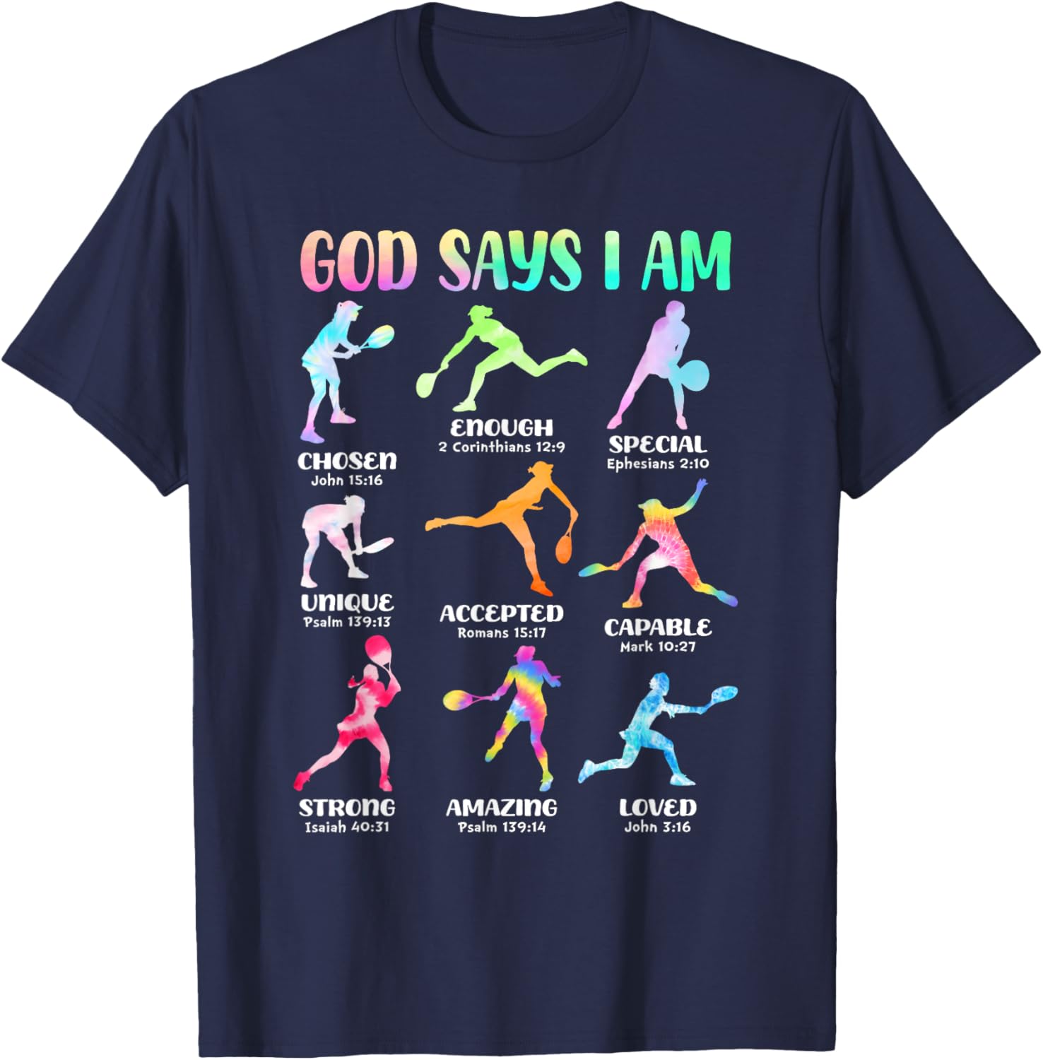 God Says I Am Christian Girls Teens Kids Tennis Tie Dye T-Shirt - T-Shirt | Navy