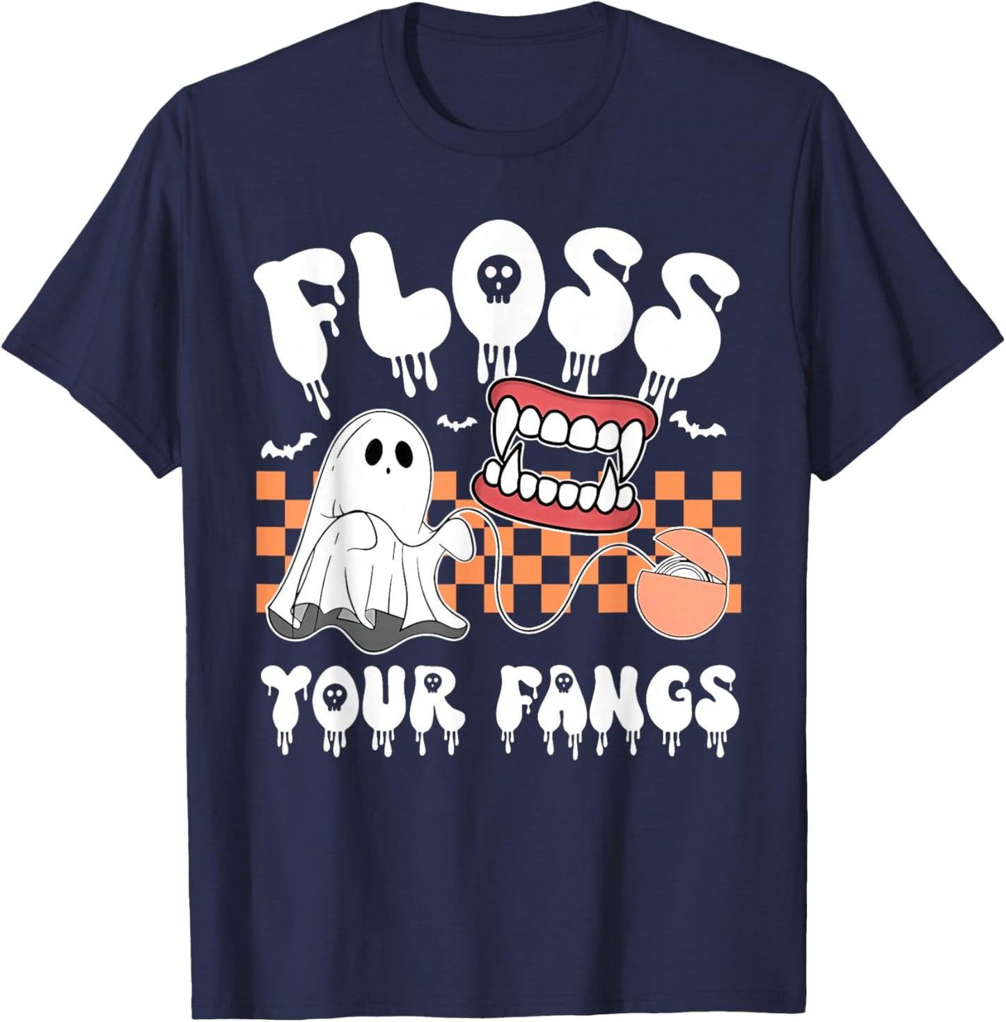 Retro Funny Teeth Floss Your Fangs Dentist Spooky Halloween T-Shirt - T-Shirt | Navy