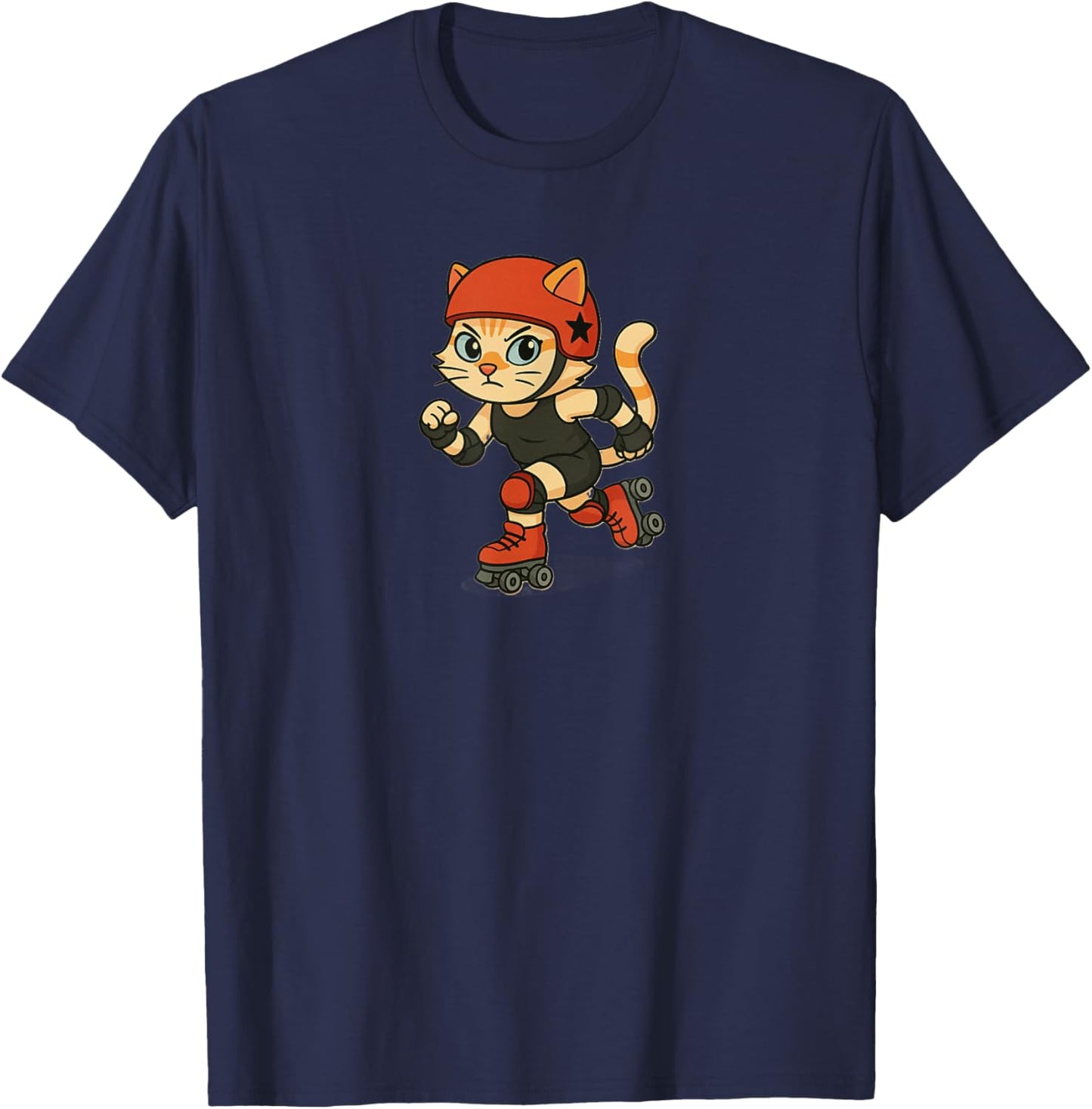 Roller Derby Cat | Cute Cartoon Skating Kitty T-Shirt - T-Shirt | Navy